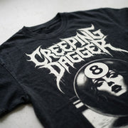 Close-up of the printed artwork on the 8-Ball Lady Snow Washed Oversized Tee