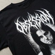 Close-up of the Obsession Standard Tee front print, distressed white lettering and portrait
