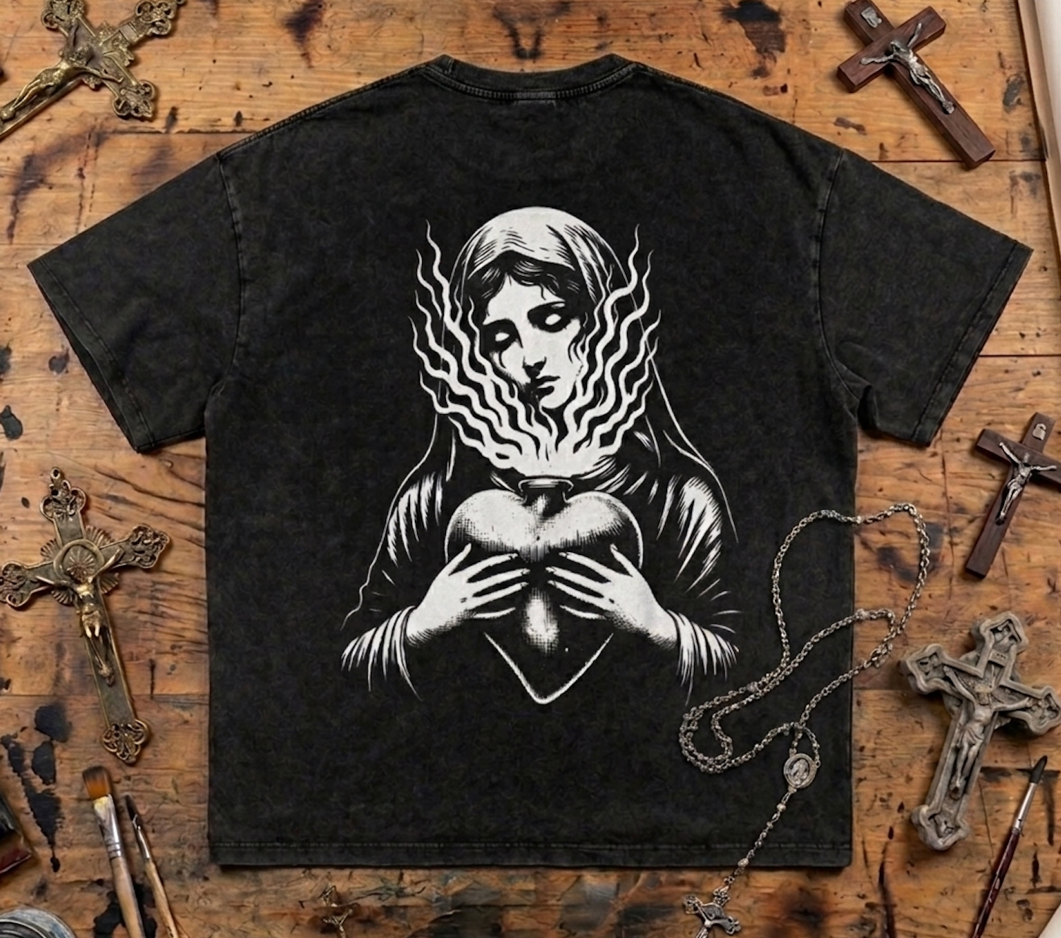 Sacred Mary Snow Washed Oversized Tee