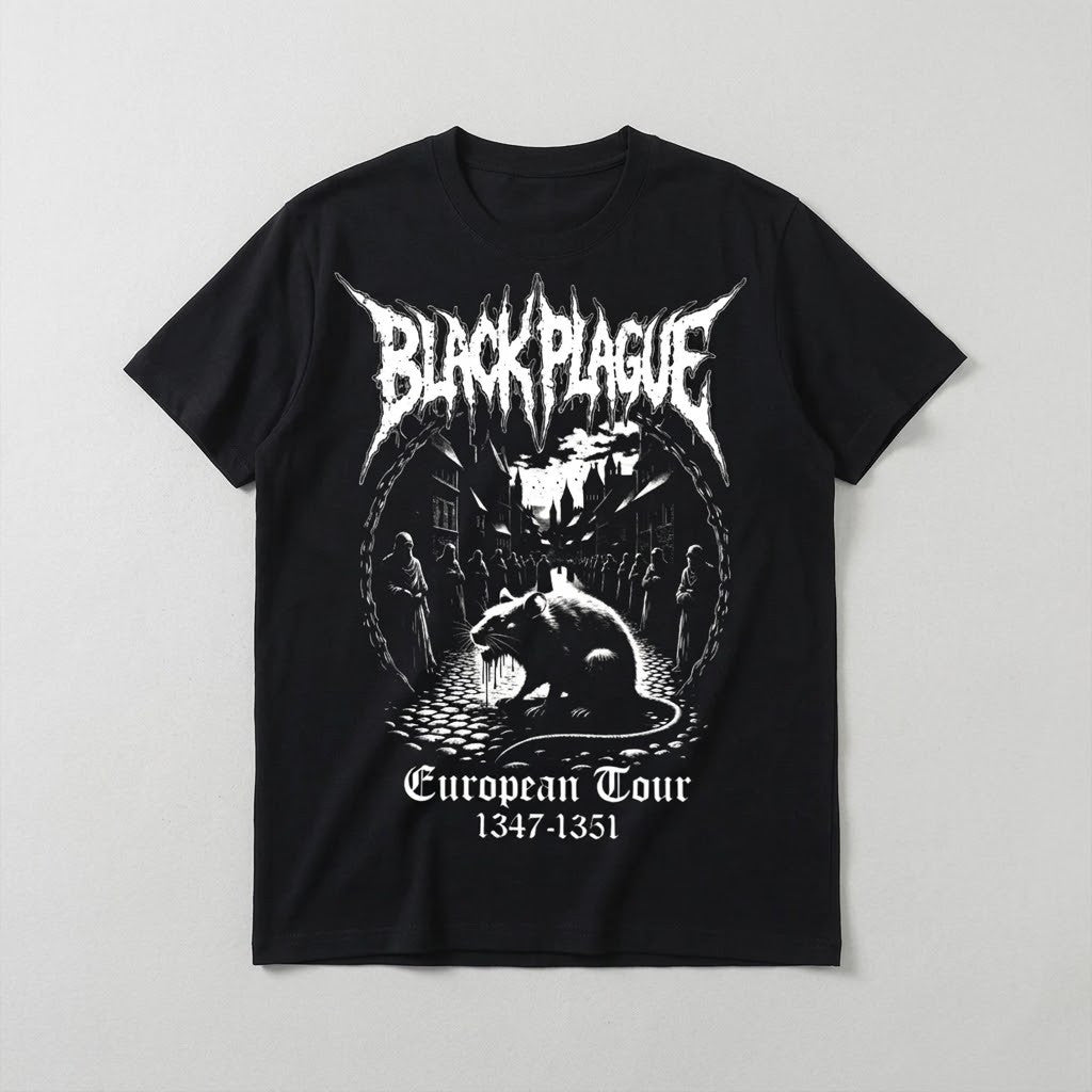 Black Plague Tour Heavyweight Tee in black, laid flat with white rat graphic and European Tour 1347-1351 text