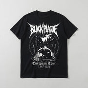 Black Plague Tour Heavyweight Tee in black, laid flat with white rat graphic and European Tour 1347-1351 text