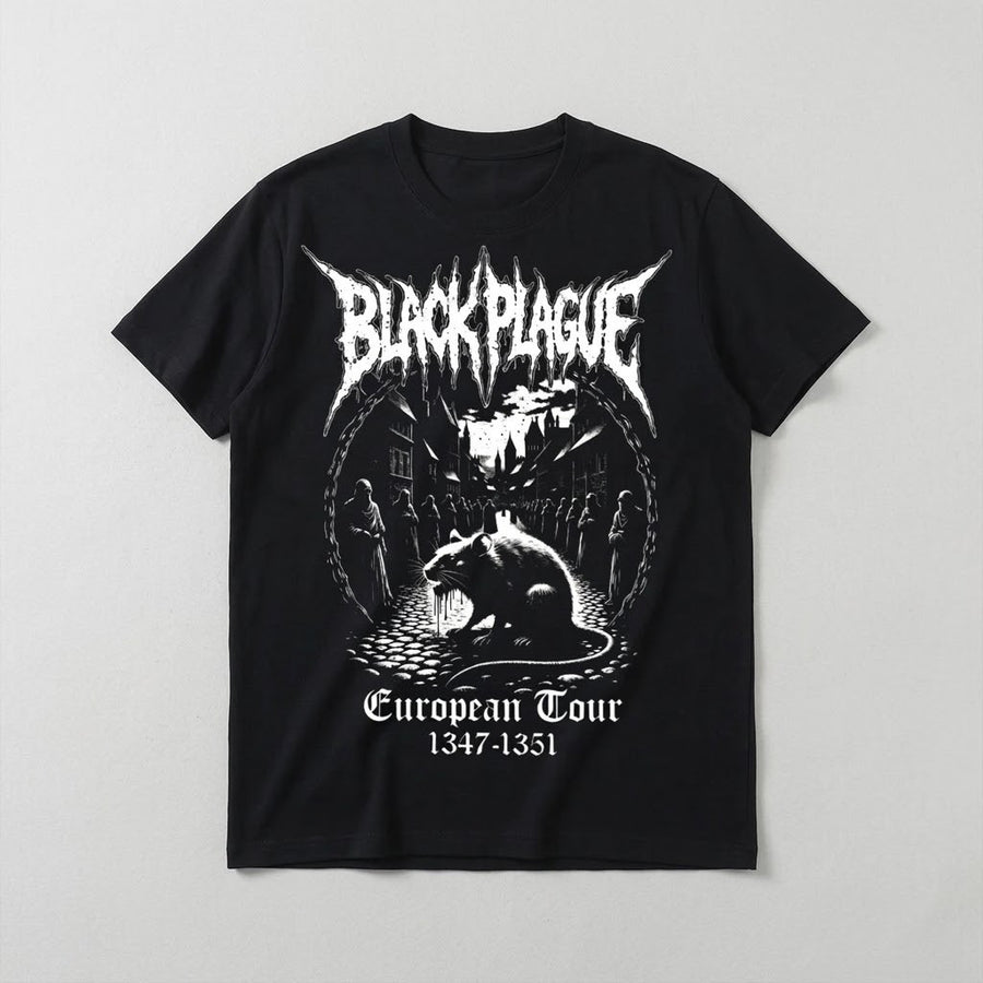 Black Plague Tour Heavyweight Tee in black, laid flat with white rat graphic and European Tour 1347-1351 text