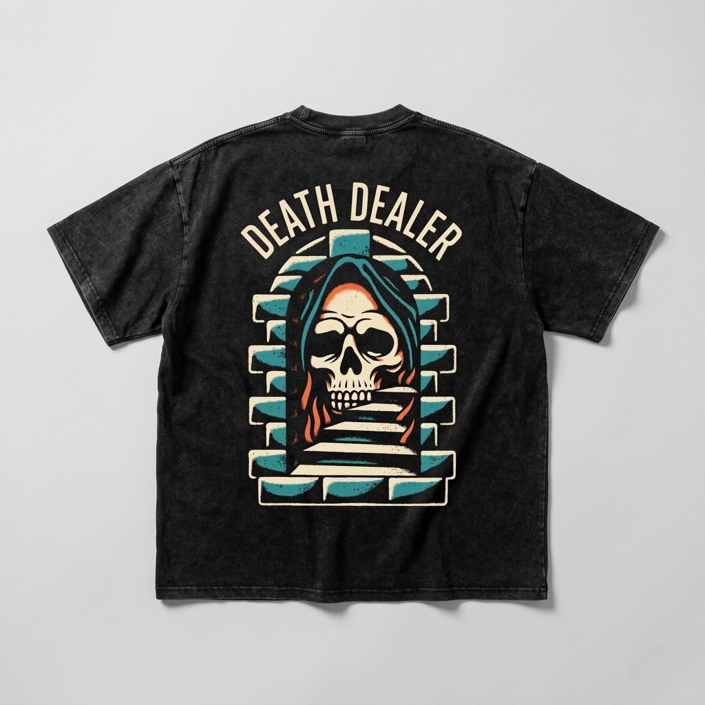 Dealer Snow Washed Oversized Tee in washed black, back view with cream Death Dealer lettering and teal and orange skull graphic