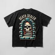 Dealer Snow Washed Oversized Tee in washed black, back view with cream Death Dealer lettering and teal and orange skull graphic