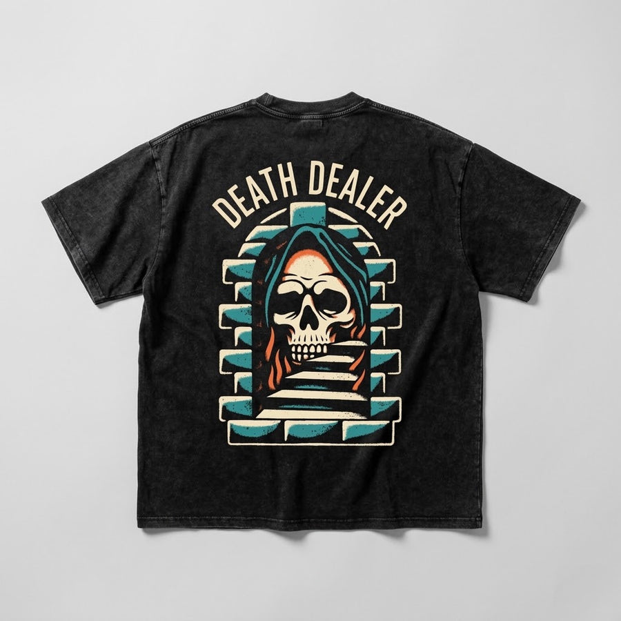 Dealer Snow Washed Oversized Tee in washed black, back view with cream Death Dealer lettering and teal and orange skull graphic