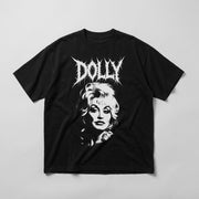 Dolly Bootleg Tee in black with white Dolly portrait and lettering, front view