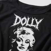 Dolly women's black baby tee close-up of white Dolly graphic and neckline