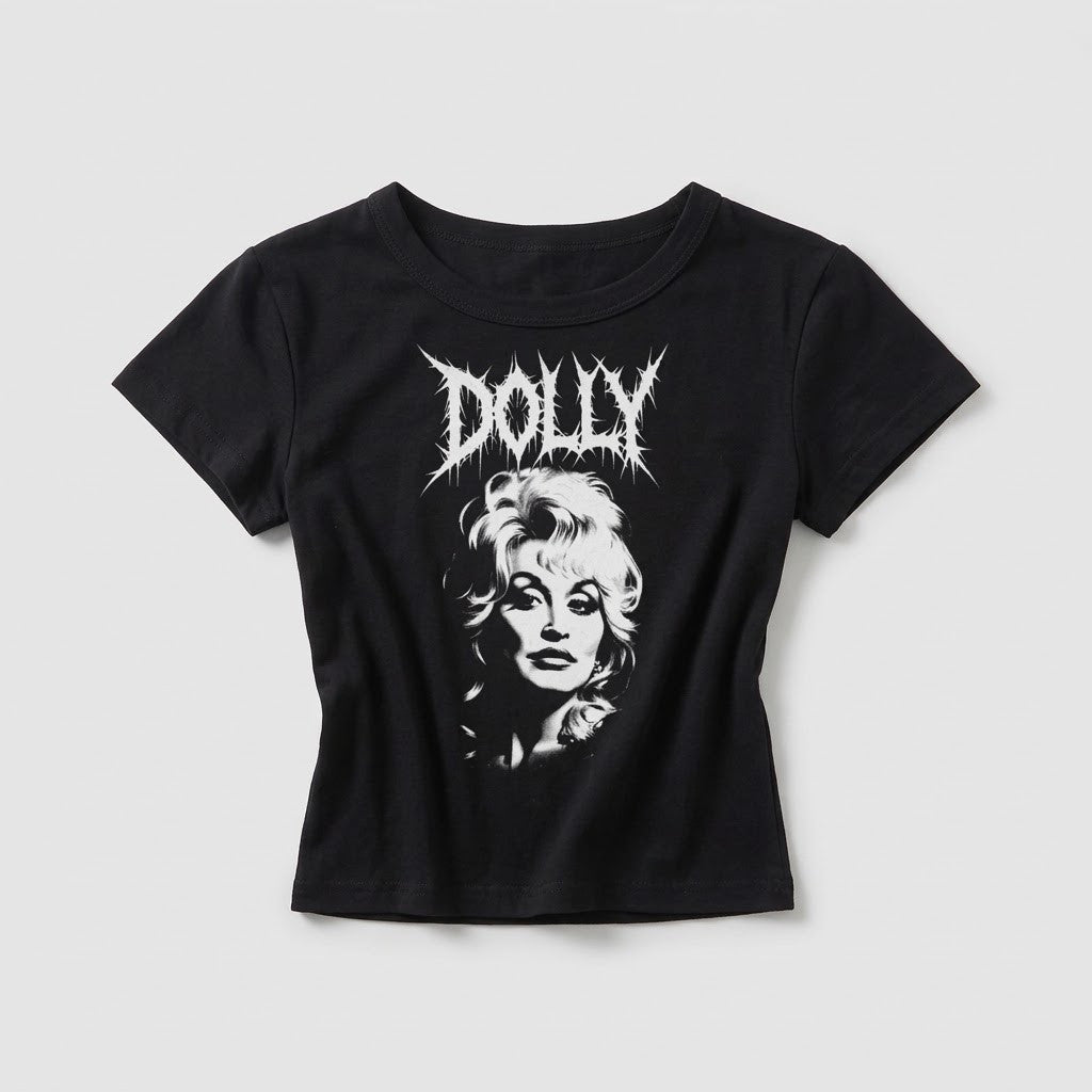 Dolly women's black baby tee front with white Dolly portrait graphic