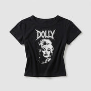 Dolly women's black baby tee front with white Dolly portrait graphic