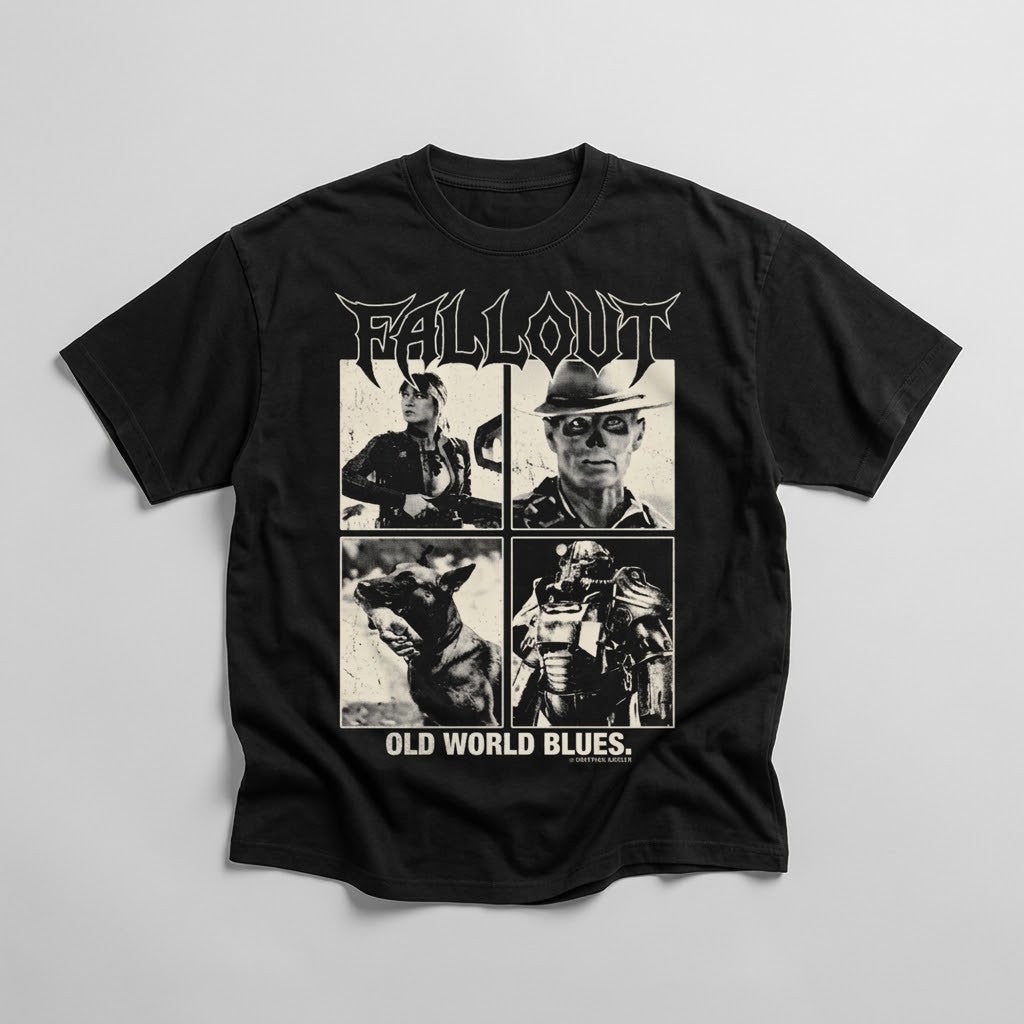 Fallout Old World Blues black T-shirt with four-panel front graphic, naturally draped on a light gray background