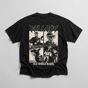 Fallout Old World Blues black T-shirt with four-panel front graphic, naturally draped on a light gray background
