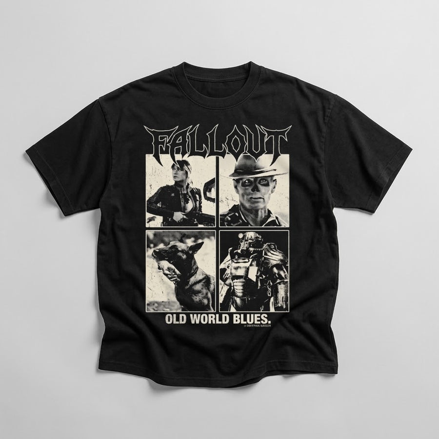 Fallout Old World Blues black T-shirt with four-panel front graphic, naturally draped on a light gray background