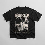Fight Club "Breathe Smoke" Standard Tee in black, natural front flat-lay with film still graphic