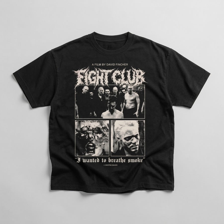 Fight Club "Breathe Smoke" Standard Tee in black, natural front flat-lay with film still graphic