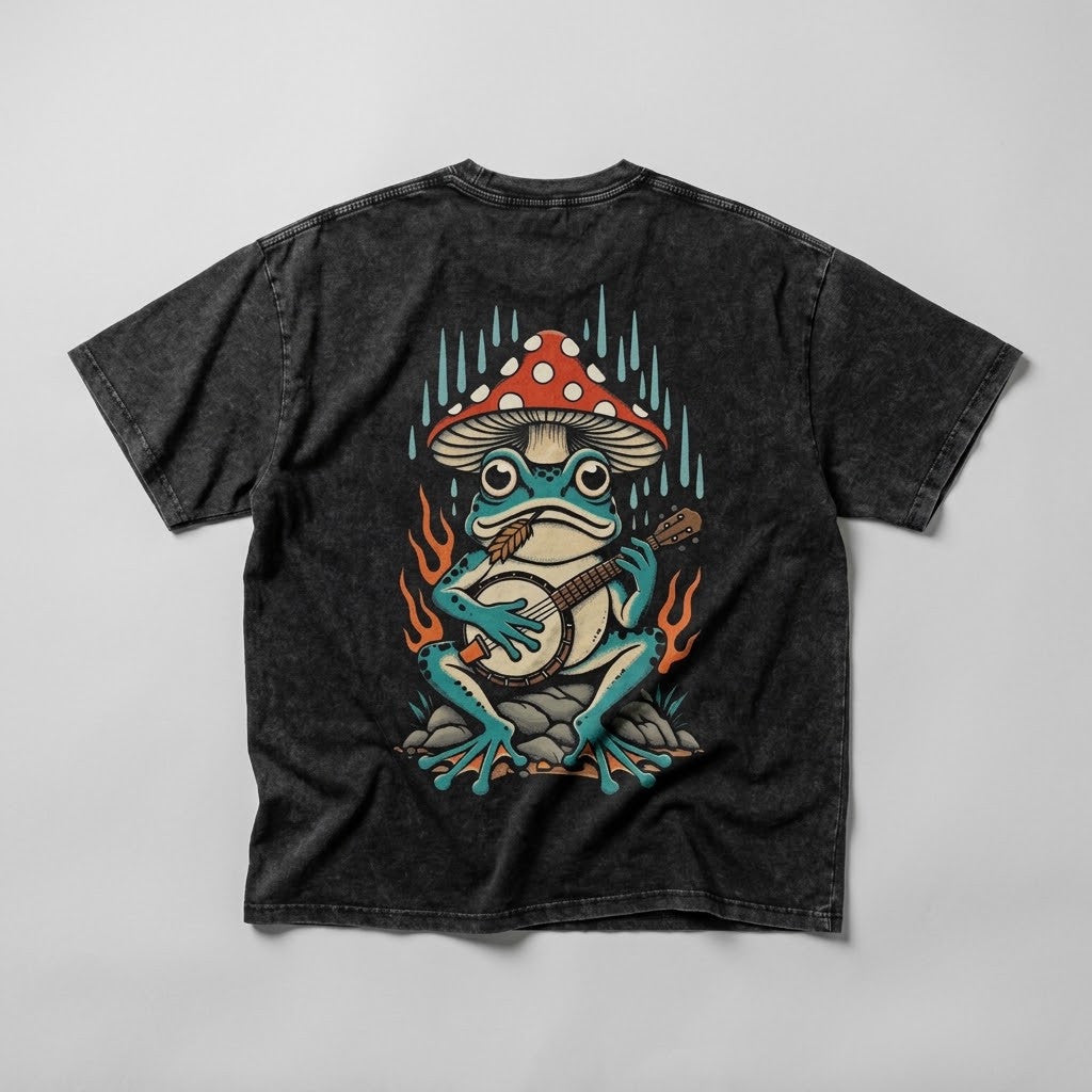 Fire Frog snow-washed oversized black tee, back with banjo-playing frog print