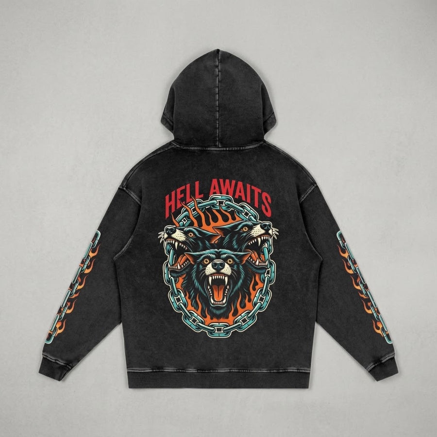 Hell Awaits Snow Washed Hoodie laid flat, back view with three-headed wolf, flames and chains