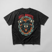 Hell Awaits snow-washed oversized tee, back with three-headed wolf print