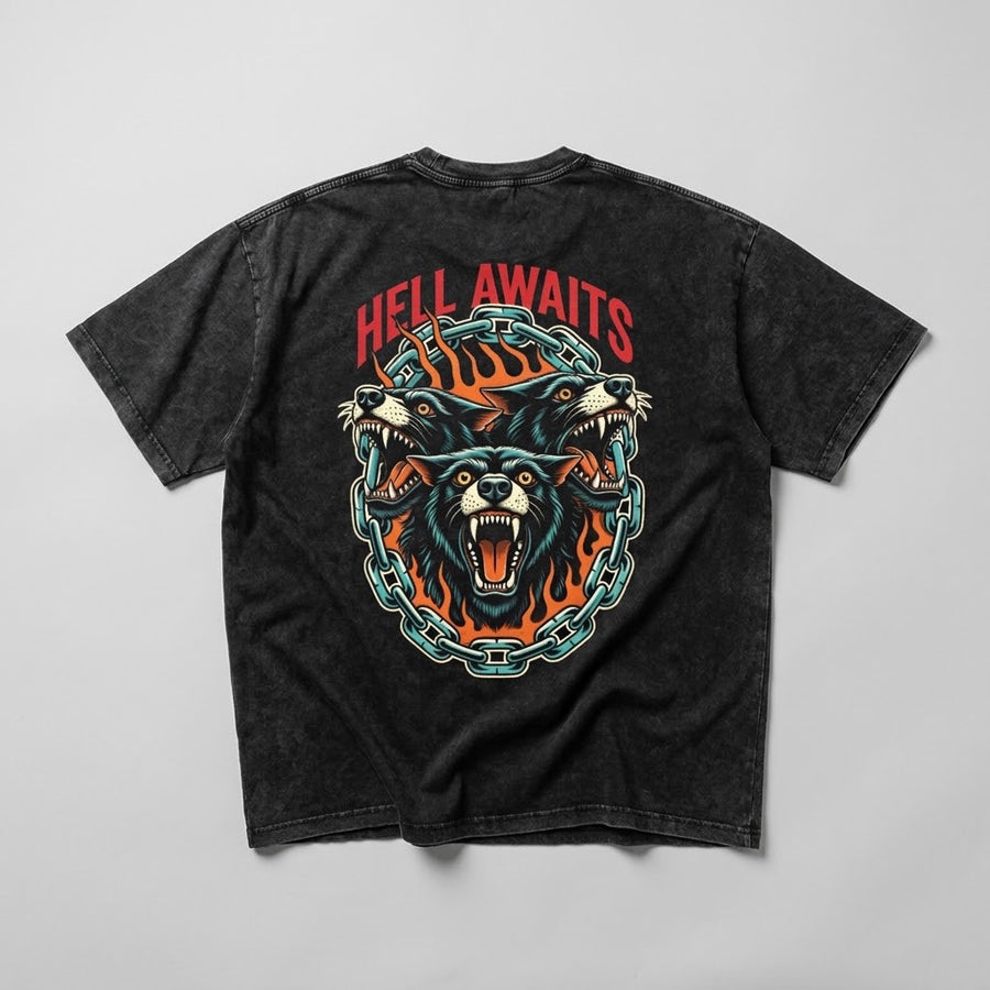 Hell Awaits snow-washed oversized tee, back with three-headed wolf print