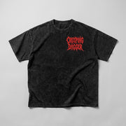Hell Awaits snow-washed oversized tee, front with red Creeping Dagger chest print