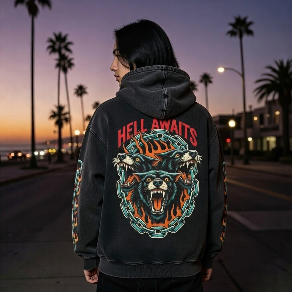 Hell Awaits Snow Washed  Hoodie