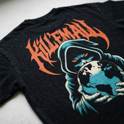 Kill 'Em All Snow Washed Oversized Tee, close-up of hooded figure holding a globe back graphic