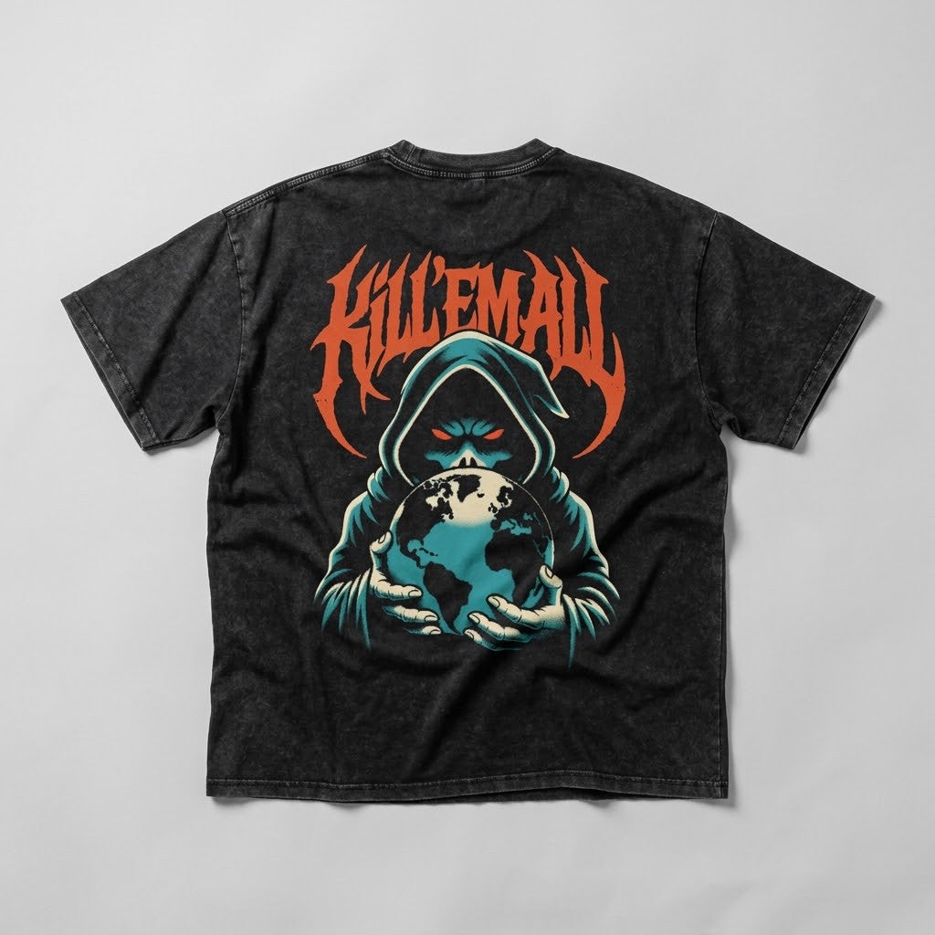 Kill 'Em All Snow Washed Oversized Tee, back view with hooded figure holding a globe