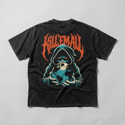 Kill 'Em All Snow Washed Oversized Tee, back view with hooded figure holding a globe