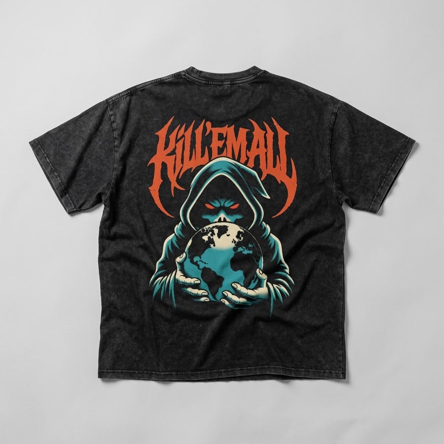 Kill 'Em All Snow Washed Oversized Tee, back view with hooded figure holding a globe