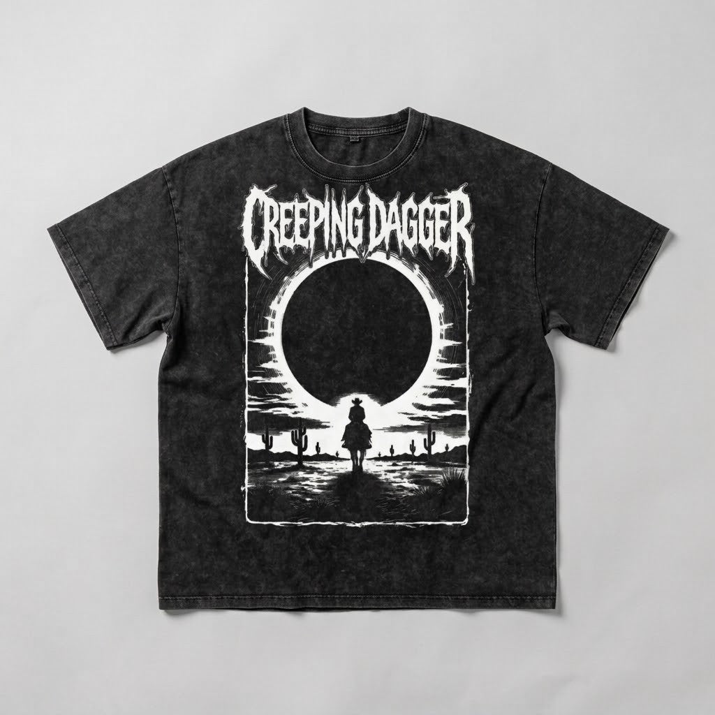 Lone Rider snow-washed black oversized tee laid flat, front graphic