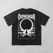 Lone Rider snow-washed black oversized tee laid flat, front graphic