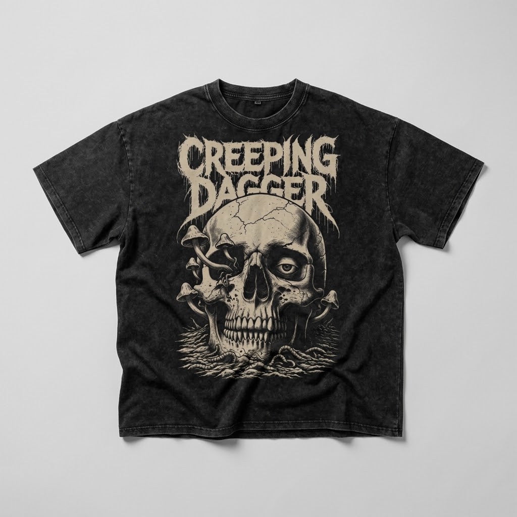 Mushroom Death Snow Washed Oversized Tee in washed black, with Creeping Dagger lettering and mushroom skull front graphic