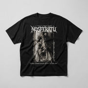 Nosferatu "Oceans of Time" Standard Tee in black, natural flat-lay front view with film graphic and quote