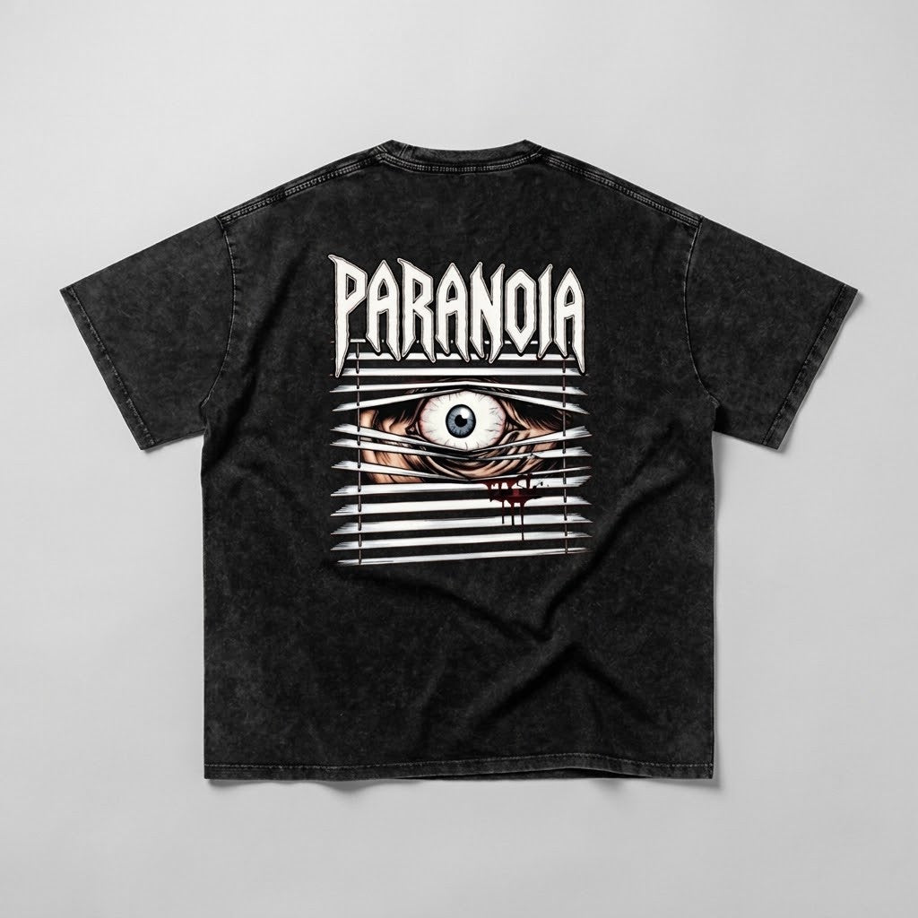 Paranoia Snow Washed Oversized Tee in washed black, back view with eye and blinds artwork