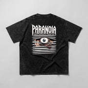 Paranoia Snow Washed Oversized Tee in washed black, back view with eye and blinds artwork