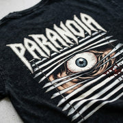 Close-up of the printed artwork on the Paranoia Snow Washed Oversized Tee