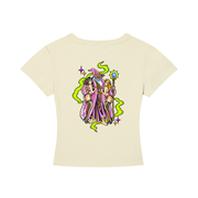 Pimp Wizard women's baby tee in Apricot, back view
