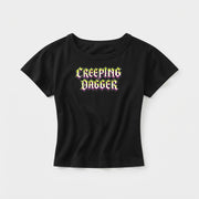 Pimp Wizard baby tee in Black, front view with centered Creeping Dagger logo