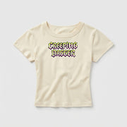 Pimp Wizard baby tee in Cream, front view with centered Creeping Dagger logo
