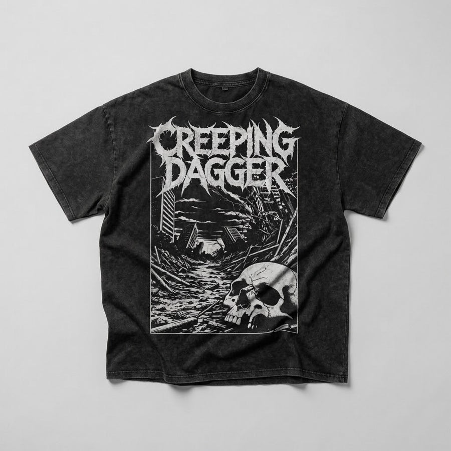 Post-Apocalypse Snow Washed Oversized Tee in washed black, front Creeping Dagger skull and ruins graphic