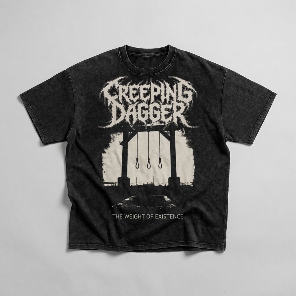 The Gallows Snow Washed Oversized Tee in washed black, front flatlay with Creeping Dagger and The Weight of Existence graphic