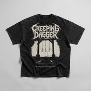 The Gallows Snow Washed Oversized Tee in washed black, front flatlay with Creeping Dagger and The Weight of Existence graphic