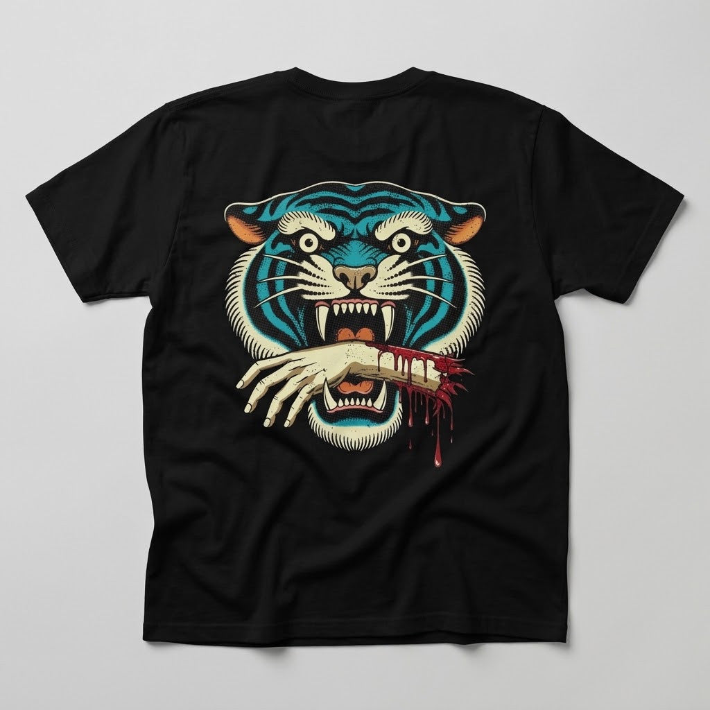 Tiger Bite Tee in black, back view with a large teal tiger biting a severed hand