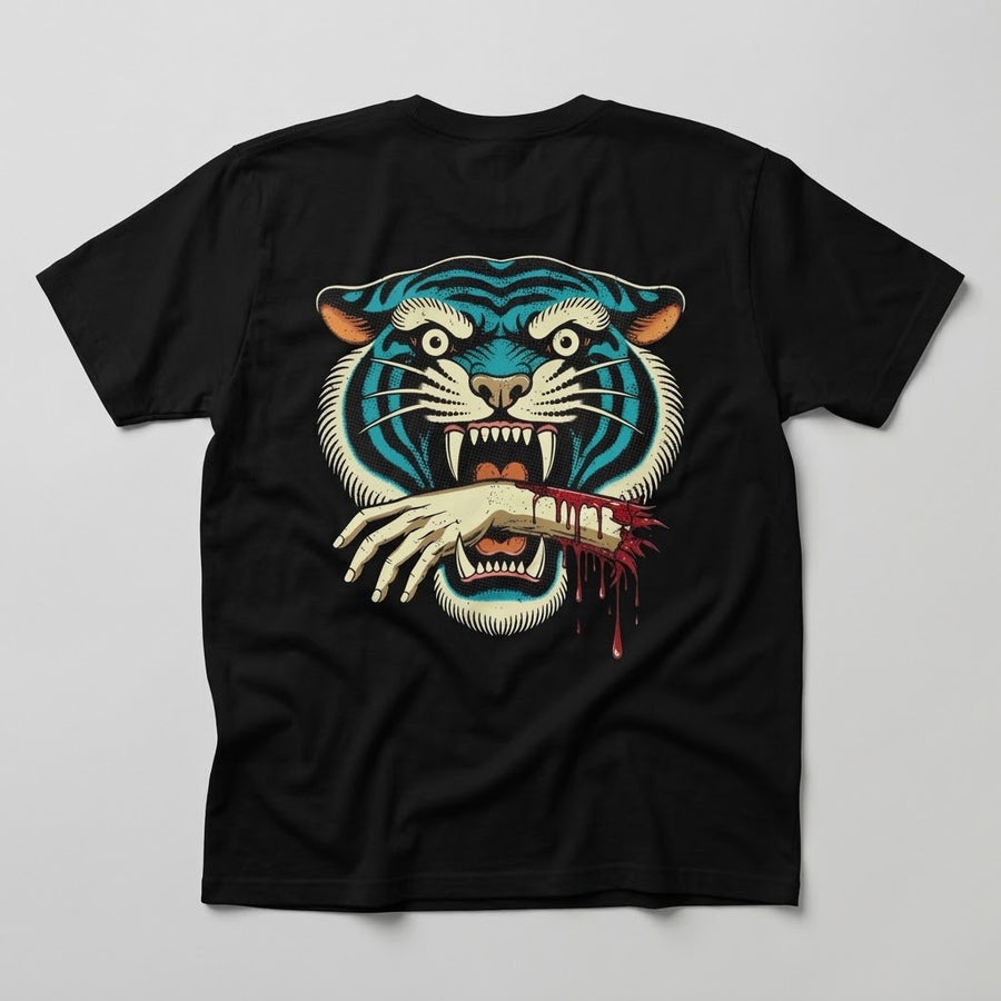 Tiger Bite Tee in black, back view with a large teal tiger biting a severed hand