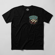 Tiger Bite Tee in black, front view with a Creeping Dagger chest graphic