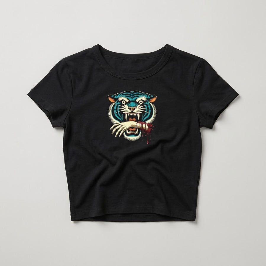 Tiger Bite Women's Baby Tee in black, front tiger and hand graphic